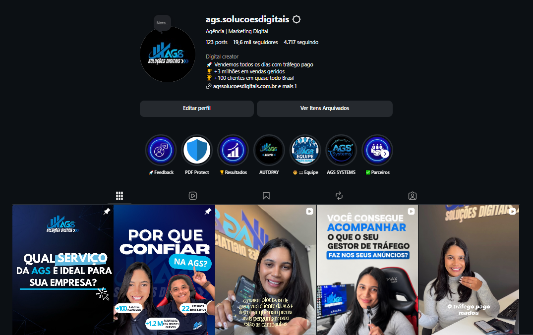 Perfil do Instagram da AGS Soluções Digitais com 19,6 mil seguidores, posts sobre tráfego pago e automações